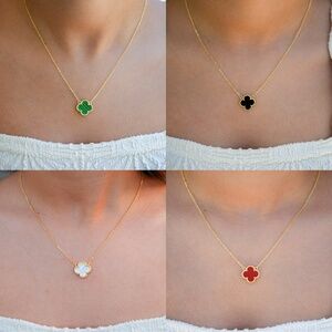 Four Leaf Clover Necklace Gold Chain Mother of Pearl, Onyx, Green, Red